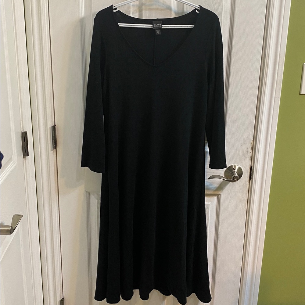 Eileen Fisher Tencel Wool Cashmere V Neck Dress Medium Black 3/4 Sleeve Classic